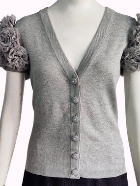 Twelve by Twelve Puffy Chiffon Sleeve Knit Heather Gray Cardigan Sweater S/P NWT